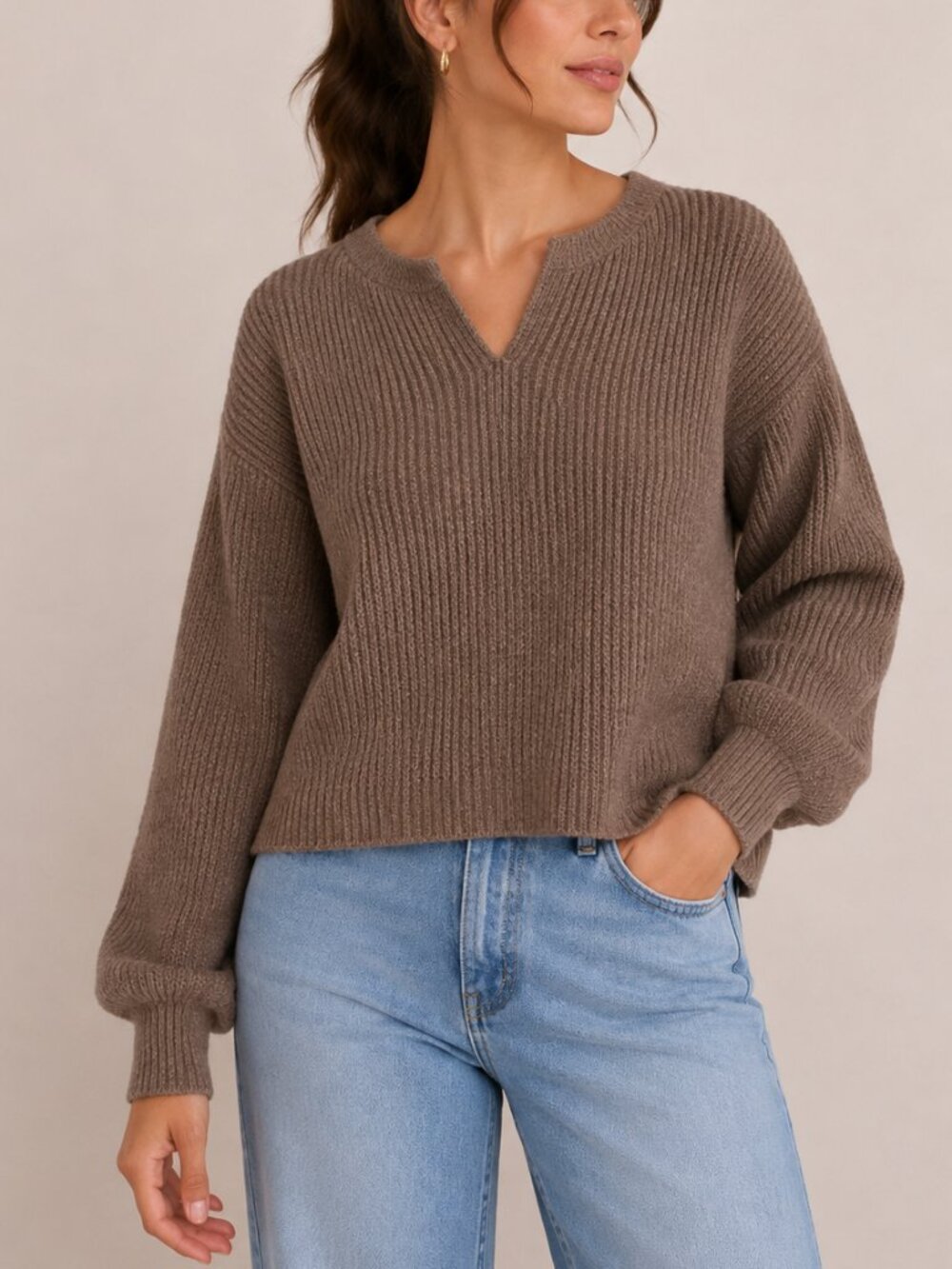 Pink Rose S/P Brown Taupe Textured V Neck Balloon Sleeve Sweater